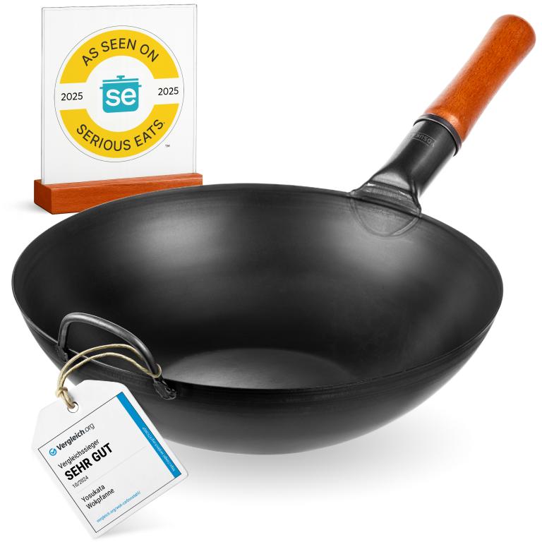 Yosukata 13,5-inch (34cm) Pre-Seasoned Black Carbon Steel Wok with Flat Bottom