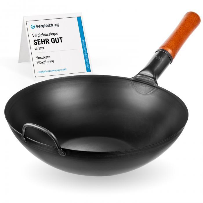 13,5-inch (34cm) Pre-Seasoned Black Carbon Steel Wok with Flat Bottom