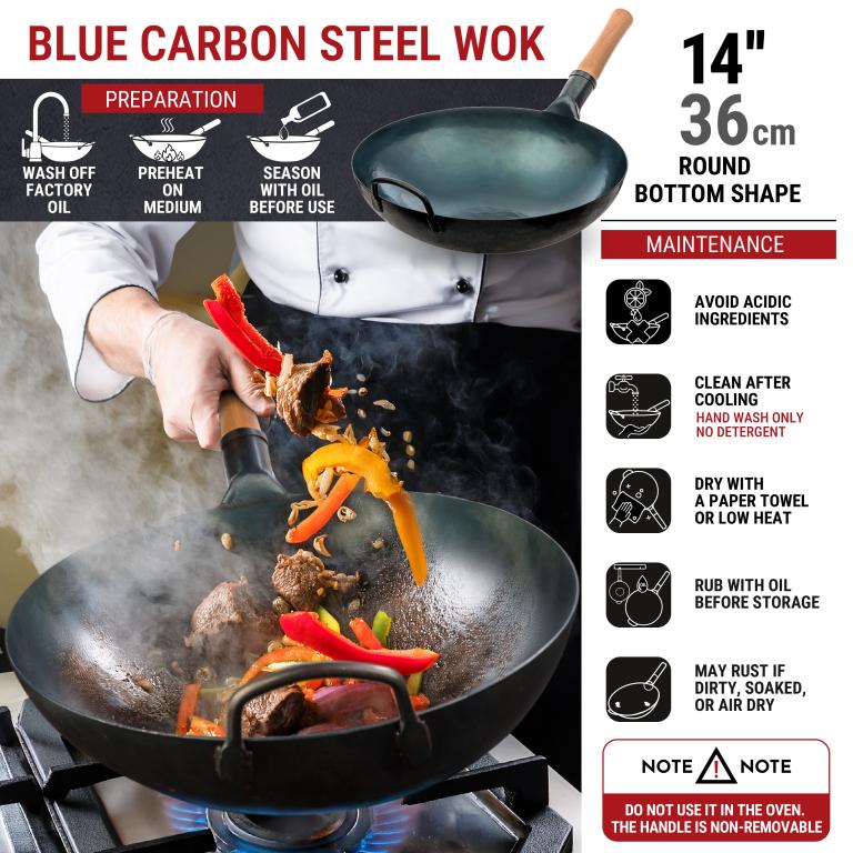 Yosukata 14-inch (36cm) Pre-Seasoned Blue Carbon Steel Wok with Round Bottom